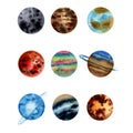 Watercolor illustration set of planets of Solar system Mercury, Venus Earth, Mars, Jupter, Saturn, Uranus. Neptune, Pluto and Sun