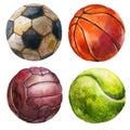 Watercolor illustration, set. Balls, football, volleyball, basketball, tennis ball