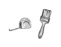 watercolor illustration, set of black and white image of repair tools.tape measure and paint brush on a wooden handle. isolated on