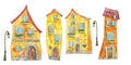 Watercolor illustration set with cartoon houses.Bright house on a white background for autumn