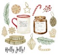 Watercolor illustration set with christmas decor cup candle fir cookies