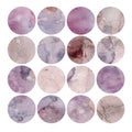 Watercolor illustration, set. Circle shaped watercolor texture. Shades of pink and gray