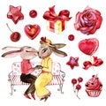 Watercolor Illustration. Set of cute couple rabbit. Great for card and greetings. Royalty Free Stock Photo