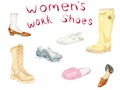 Watercolor illustration set of diferent, coloful women`s work shoes drawn by hand. Illustrative set of various elements for the 8