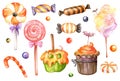 Watercolor illustration set of different fantasy Halloween sweets