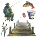Watercolor illustration, set of the fishing, pier, fisherman is fishing with a bait, bucket, perch fish, reed and reel