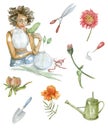 Watercolor illustration set of a florist woman, workplace, tools and flowers. Hand-drawn clip art isolated on white