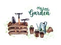 watercolor illustration. a set of garden items. an old wooden box with gardening tools,pots with seedlings and a watering can. Royalty Free Stock Photo