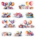Watercolor Illustration Set Of Gift Boxes With Balls Royalty Free Stock Photo