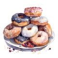 Watercolor illustration of a set of glazed donuts on a plate Royalty Free Stock Photo