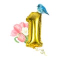 Watercolor illustration set of golden balloon and bluebird and bouquet of tulips hand-drawn on white background