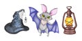 Watercolor illustration set for Halloween. Pictures of bat, lamps and witch hats. Royalty Free Stock Photo