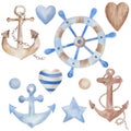 Watercolor illustration set. Hand painted steering wheel, anchors for old pirate ship, vessel, boat for sea, ocean, star, hearts. Royalty Free Stock Photo