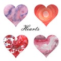 Watercolor illustration. A set of hearts filled watercolor backgrounds