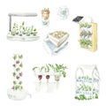 Watercolor illustration set of hydroponic systems at home. Hand made collection of Smart plant pot, growth tech. Home