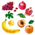 Watercolor illustration, set. Image of fruits, grapes, banana, pomegranate, peach