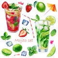 Watercolor illustration, set. Image of glasses with mojito cocktails and strawberry mojito. Mint leaves, lime, lime slices, ice Royalty Free Stock Photo