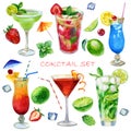 Watercolor illustration, set. Image of glasses with sex cocktails on the beach, mojito, margarita, cosmopolitan, strawberry mojito Royalty Free Stock Photo