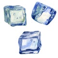 Watercolor illustration, set. The image of ice. Ice cubes for drinks, cocktails.