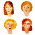 Watercolor illustration of a set, the image of persons portraits of women with different hairstyles.