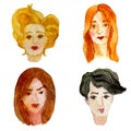 Watercolor illustration of a set, the image of persons portraits of women with different hairstyles.