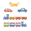 Watercolor illustration of a set of kid wooden transport isolated on white background. Nursery, Kids Room Decor. Child Toys. Print Royalty Free Stock Photo