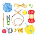 Watercolor illustration of a set of knitting tools. Knitting needles, hook, ball of thread, centimeter, scissors
