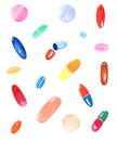 Watercolor illustration. Set of multicolor pills.