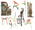 Watercolor illustration set of old rusty elements with freesia flowers. Hand drawn with watercolor on a white background. Perfect Royalty Free Stock Photo