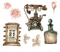 Watercolor illustration set of old rusty elements with roses flowers. Hand drawn with watercolor on a white background. Perfect Royalty Free Stock Photo