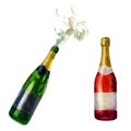 Watercolor illustration set. An open bottle of champagne, pouring foam and a red bottle of champagne, sparkling wine