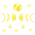 Watercolor illustration set with phases of the yellow moon, stars on a white background. Royalty Free Stock Photo