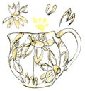Watercolor illustration set of porcelian milk jug with a muted yellow color black-and-white sketch made by hand