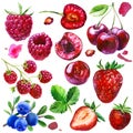 Watercolor illustration, set. Raspberries, raspberries on a branch, strawberries, cherry berries, cherry bone, cherry berries on a Royalty Free Stock Photo