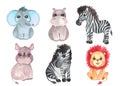 Watercolor illustration set Safari baby animals Nursery decor Baby shower Tropical animals Elephant lion Zebra Rhino Royalty Free Stock Photo