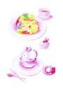 Watercolor illustration of set of salad of scallops,dessert ice cream,bagel with strawberries and macaroon cakes. Isolated on