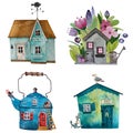 Watercolor illustration. Set of small cartoon houses . Sweet home. Hand drawn picture for decoration, invitation card