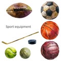 Watercolor illustration of a set of sports equipment. Hockey stick, hockey puck, golf ball, tennis ball, soccer ball, basketball, Royalty Free Stock Photo