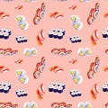 Watercolor illustration of a set of sushi and rolls. Isolated on red background. Seamless pattern Royalty Free Stock Photo