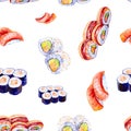 Watercolor illustration of a set of sushi and rolls. Isolated on white background. Seamless pattern Royalty Free Stock Photo