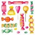 Watercolor illustration set of sweets candy hand-painted. Bright colored elements on white isolated background