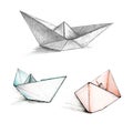 Watercolor illustration set of three paper boats hand-drawn isolated on white background. Sketch picture of small toy
