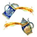 Watercolor illustration set of two traditional bavarian beer ceramic mugs with beer splash