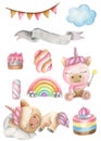 Watercolor illustration set of unicorns and sweets, rainbow.