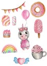 Watercolor illustration set of unicorns and sweets, rainbow.