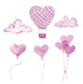 Watercolor illustration set for Valentine`s day. Pink balloons fly up into the sky. Air Balloon in the shape of a heart