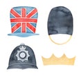 Watercolor illustration set of various English traditional headgear: Union Jack hat, Queen`s guard bearskin, police helmet. Royalty Free Stock Photo