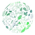 Watercolor illustration, set, watercolor texture of green and blue, silhouette. A set of elements - symbols of spring. Leaves, bra Royalty Free Stock Photo