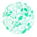 Watercolor illustration, set, watercolor texture of mint and blue, silhouette. A set of elements - symbols of spring. Leaves, bran Royalty Free Stock Photo
