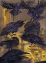 Watercolor illustration for The Seven Ravens Brothers Grimm fairy tale. Dark birds flying over a table with glasses and Royalty Free Stock Photo